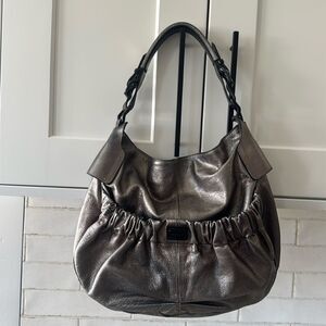 Burberry Warrior Metallic Pewter Leather Satchel Shoulder Handbag Hobo Ruched